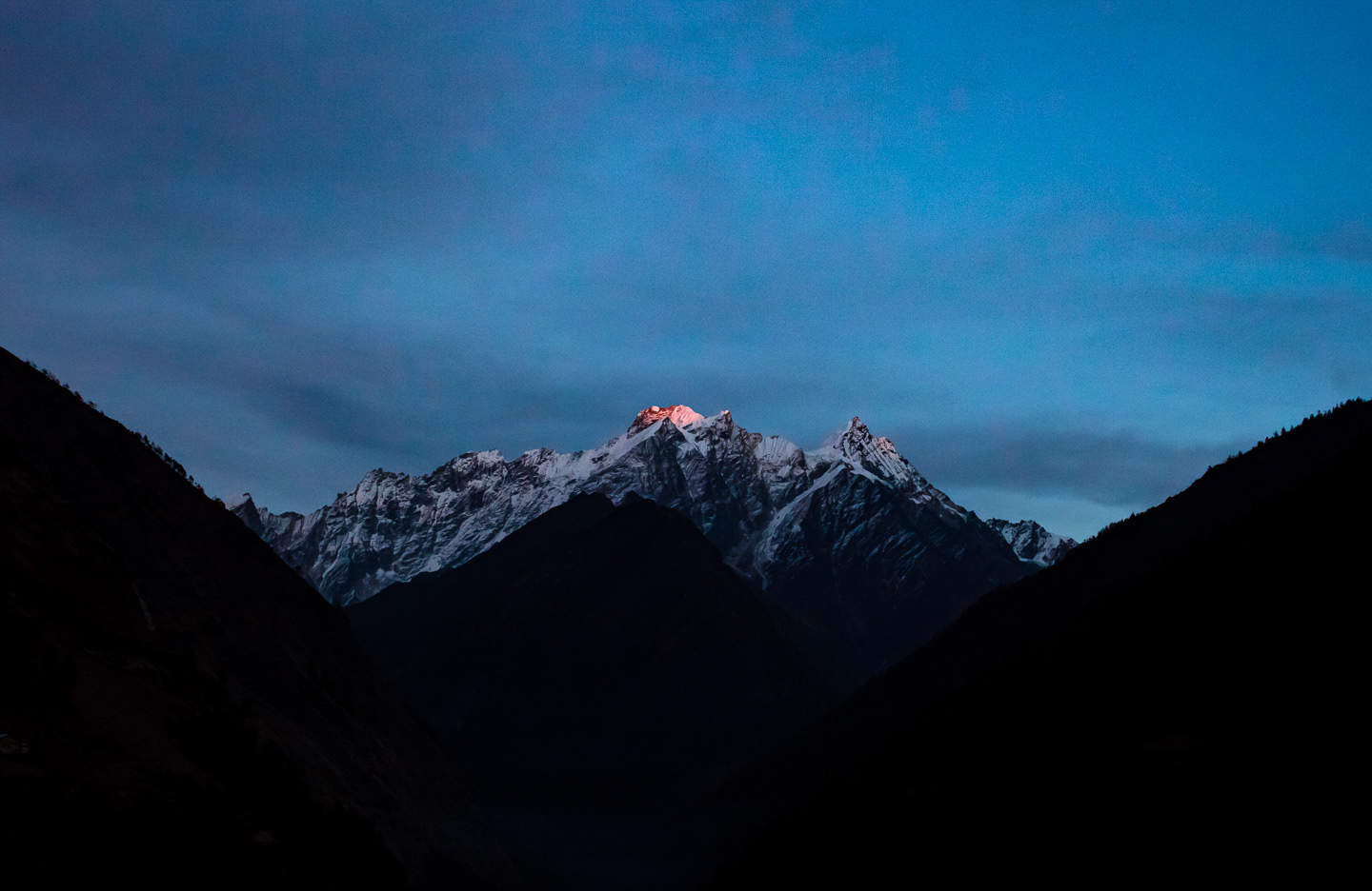 The last light at the tip of the Himalayan mountain in Manaslu, Nepal.