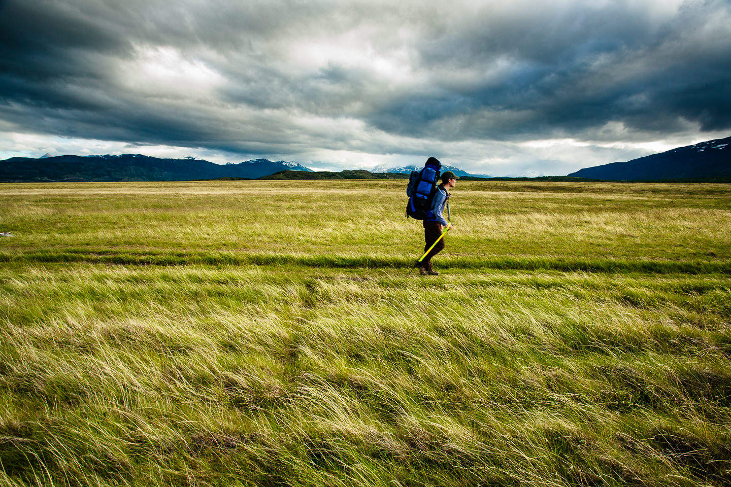 Walking on the pampas in Torres del Paine, Patagonia.
